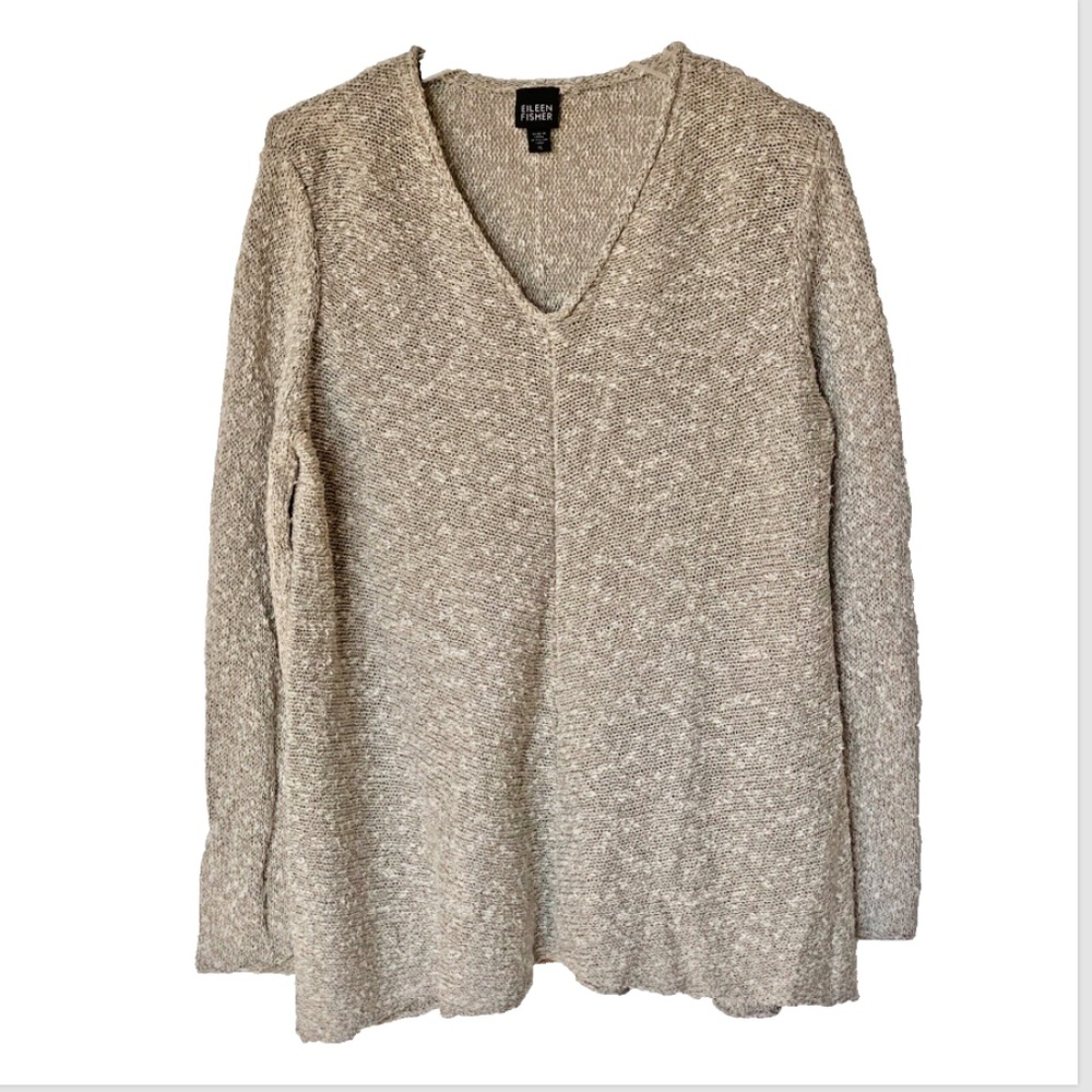 Eileen Fisher V Neck Linen Blend Open Knit Sweater/Tunic Mottled Ivory /Tan XL